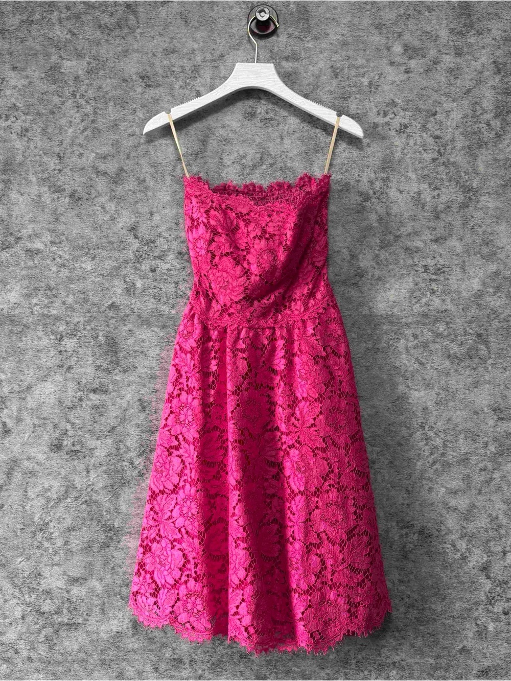 Valentino Fuchsia Lace A-Line Dress with Spaghetti Straps